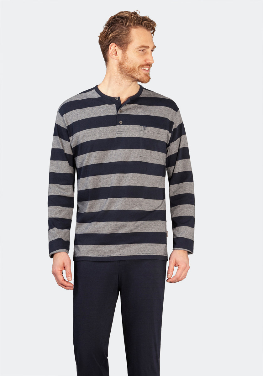 Blauw grijs gestreepte heren pyjama Hajo