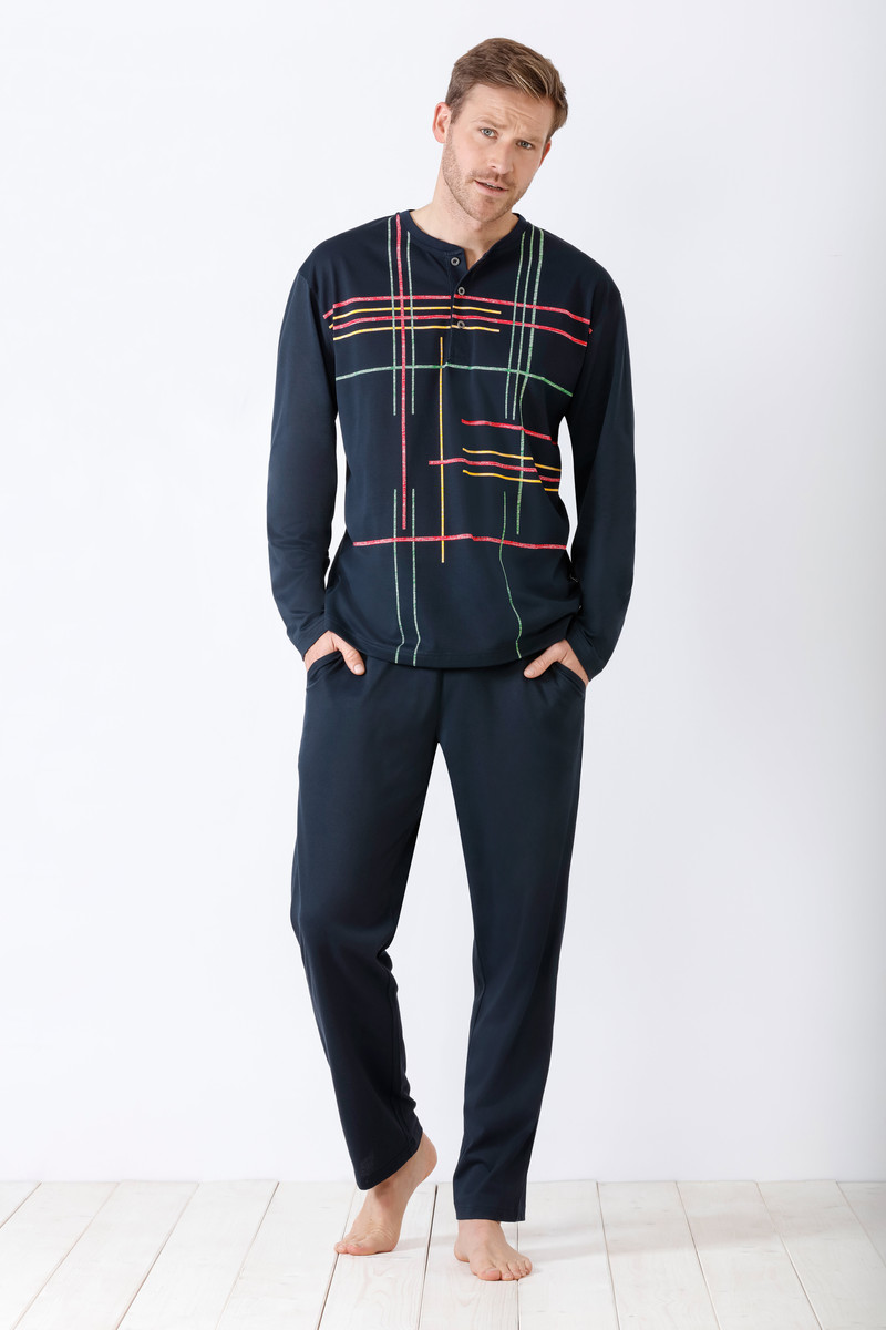Blauwe heren pyjama met gekleurde strepen