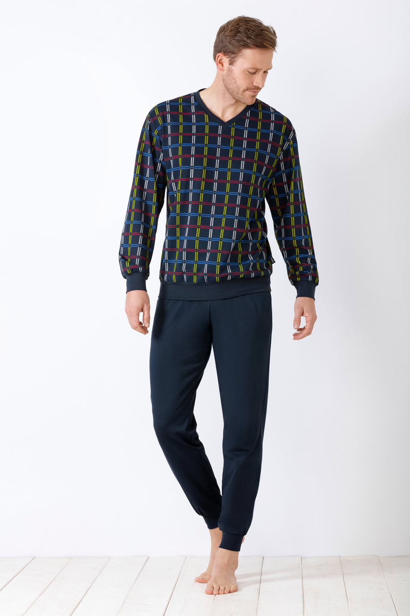 Blauwe heren pyjama met kleurrijk blokmotief