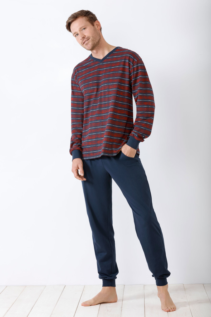Heren pyjama blauw met rode strepen