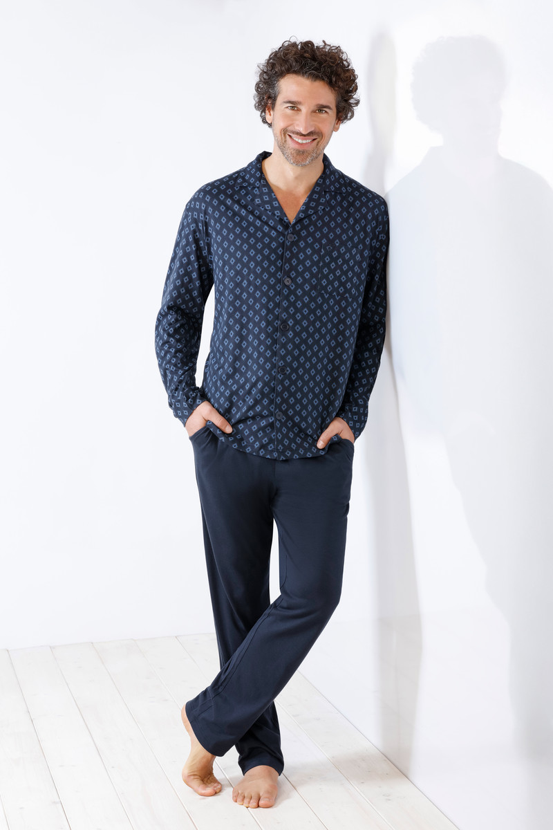 Blauwe doorknoop herenpyjama Hajo