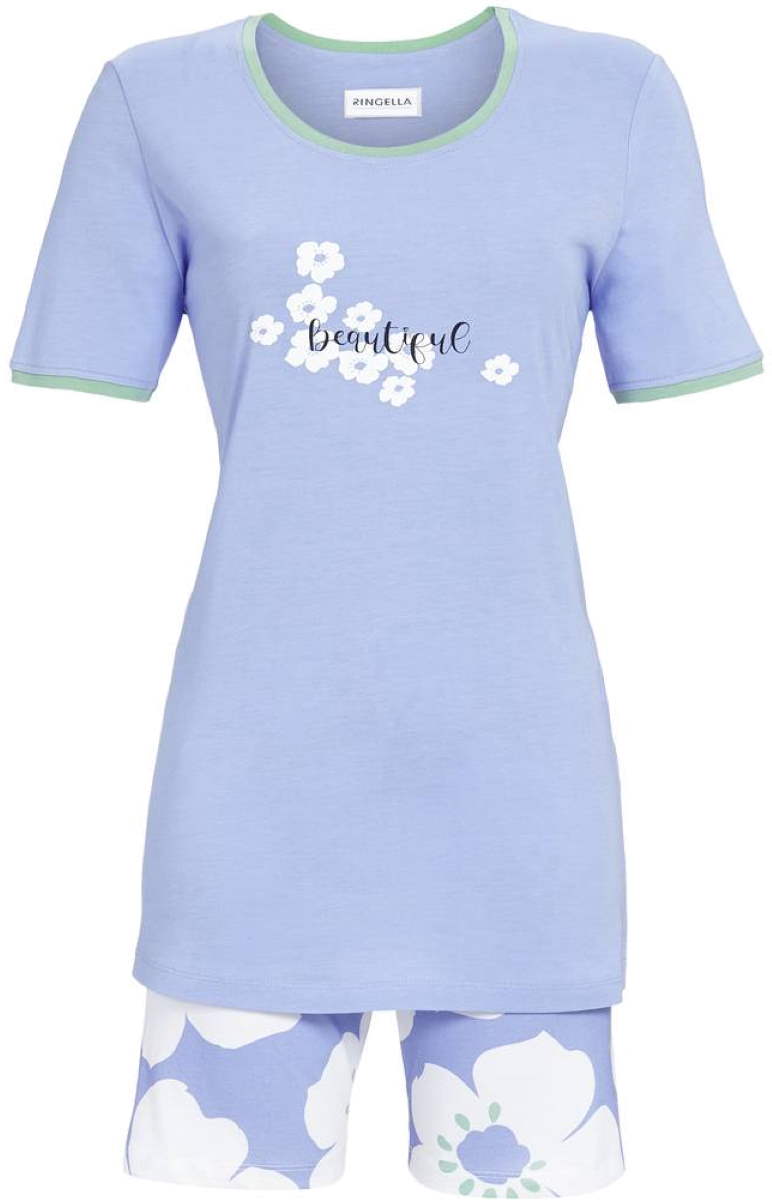 Helderblauwe katoenen shortama Ringella