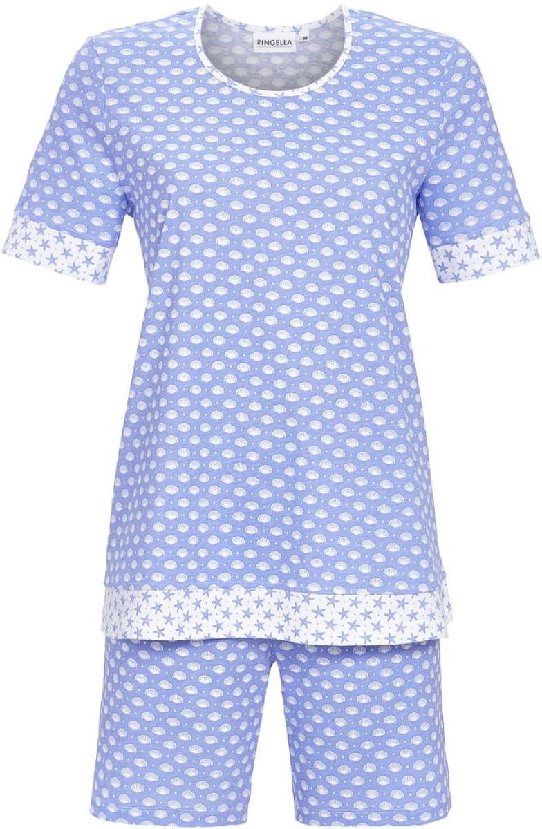 Katoenen shortama schelpen blauw