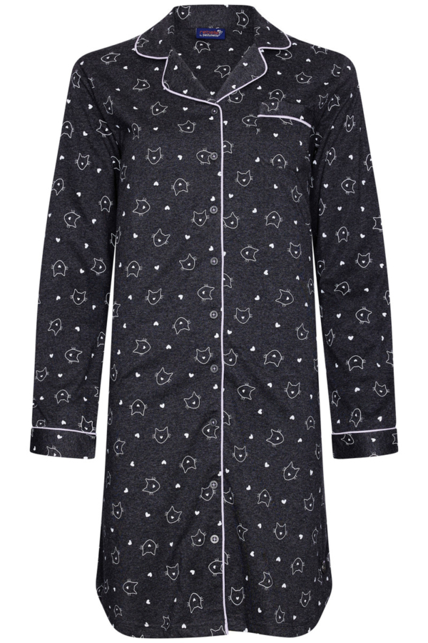 Zwart/Grijs doorknoopnachthemd katten