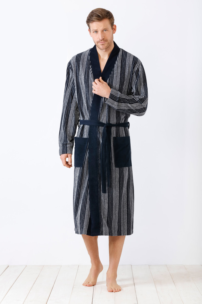 Blauw gestreepte badstof herenbadjas van Hajo