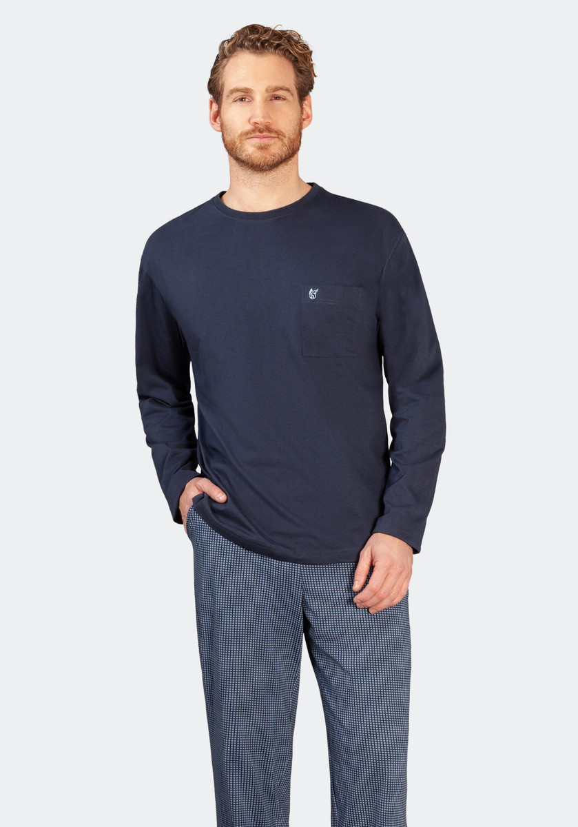 Blauwe heren pyjama Hajo blokjesdesign