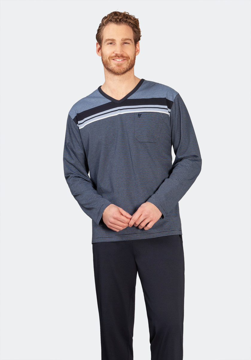Gestreepte heren pyjama marineblauw Hajo