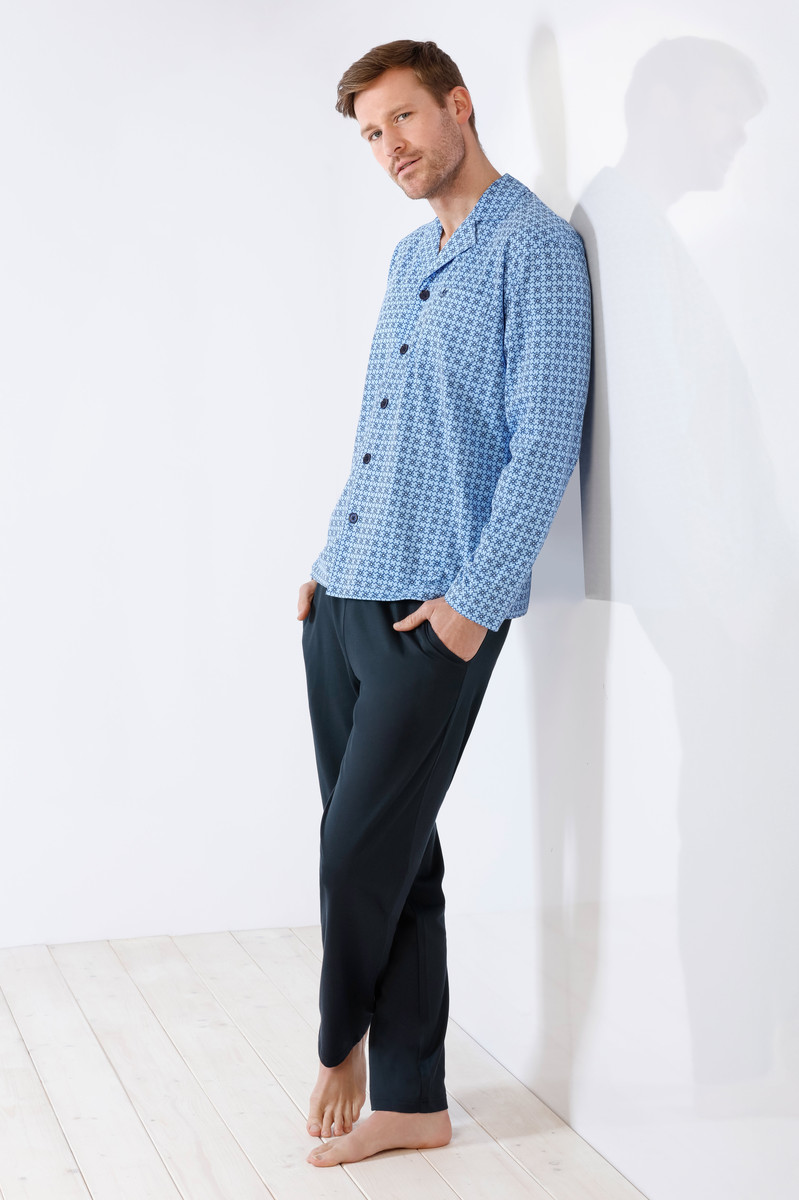 Blauwe doorknoop heren pyjama Hajo