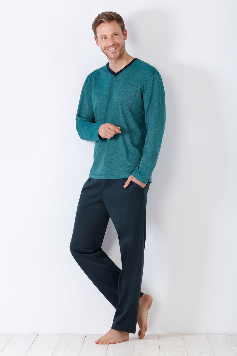 Blauwe herenpyjama Hajo met V-hals