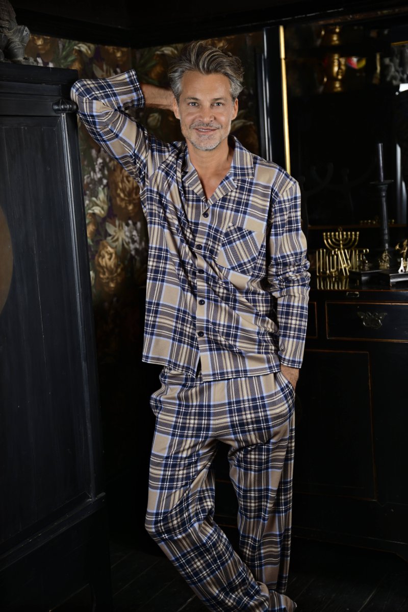 Warme heren doorknooppyjama bruin