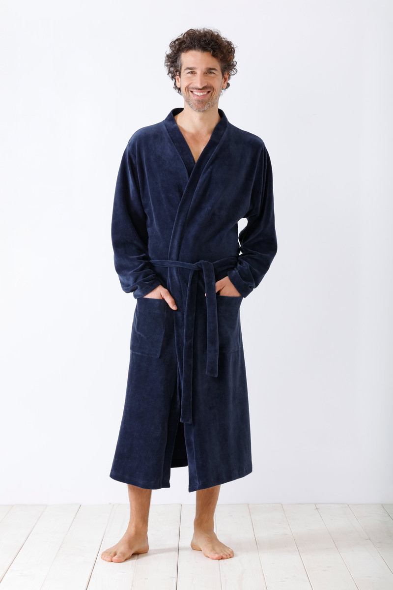 Blauwe Hajo heren badjas velours