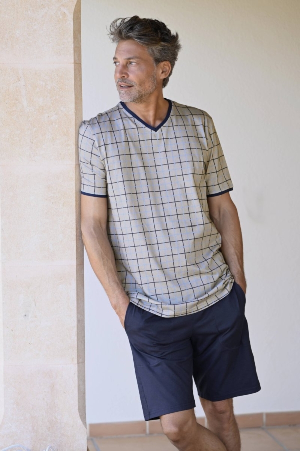 Katoenen ruiten shortama beige