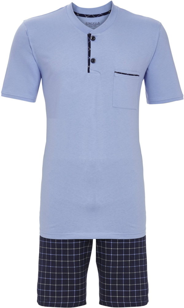 Katoenen shortama lichtblauw ruiten